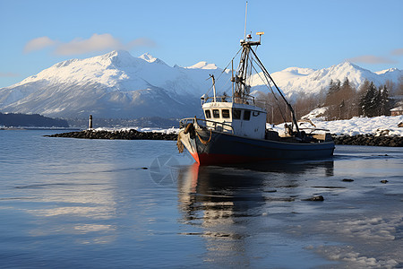 雪山下的渔船图片