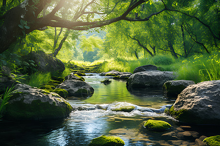 丛林溪水绿树丛中流动的溪水背景