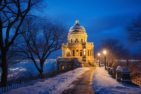 冬夜雪中的建筑背景图片