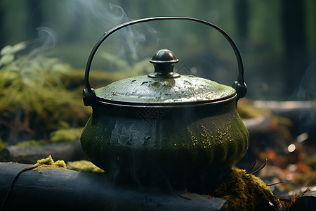 森林中烧制的茶壶图片