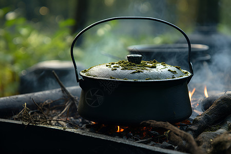 烟雾缭绕的烧制茶壶图片