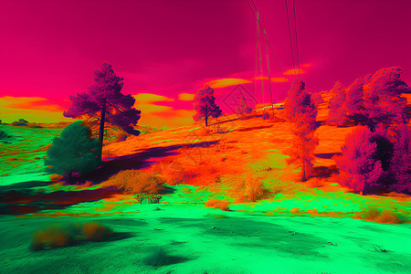 红色色光的山脉树木图片