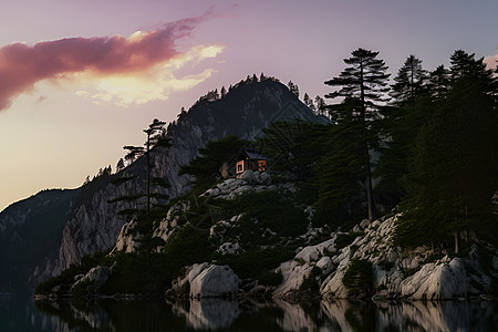 山脉上的建筑小屋图片