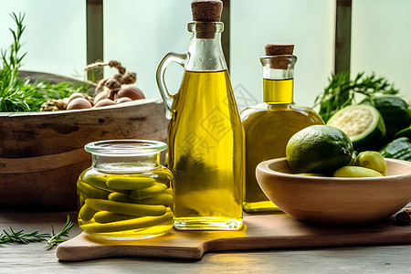 桌面上健康美味的橄榄油图片