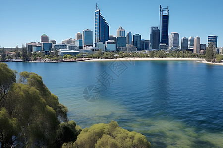 城市的高楼和湖泊背景图片
