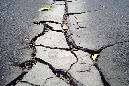 破碎的路标和裂开的道路旁边的一张照片高清图片