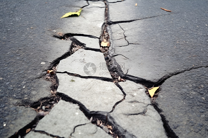 破碎的路标和裂开的道路旁边的一张照片图片