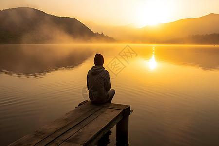 清晨湖畔孤独的男子图片