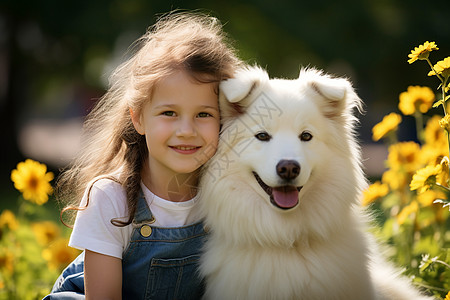 开心动物户外和小狗玩耍的女孩背景