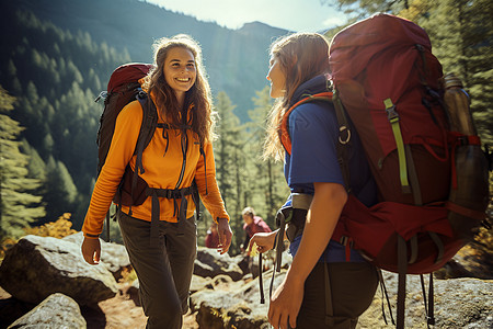 登山女孩山坡上爬山的女孩背景