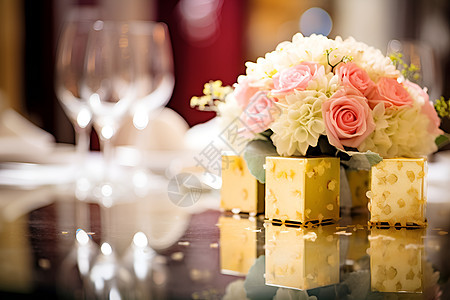 浪漫鲜花的婚宴餐桌图片