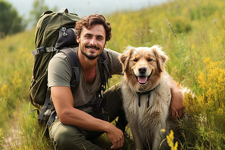 草地上的男人和狗背景图片