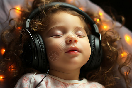 小孩在床上带着耳机熟睡图片