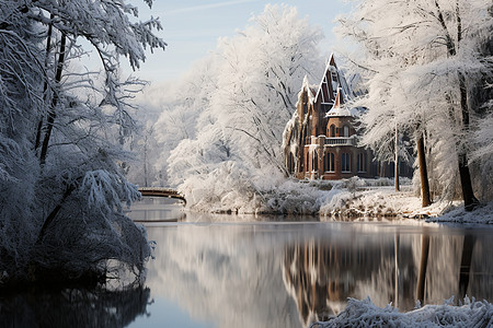 冬日幽静湖边林间的雪景小屋高清图片