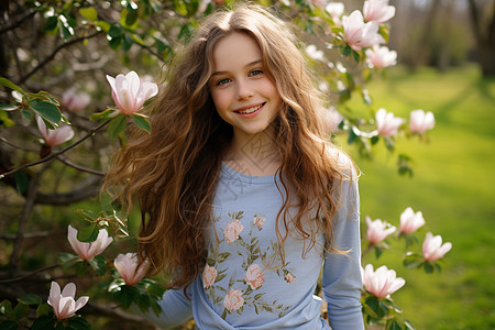 春季花园中美丽的外国女孩背景图片