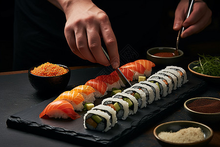烹饪日式寿司的美味餐饮图片