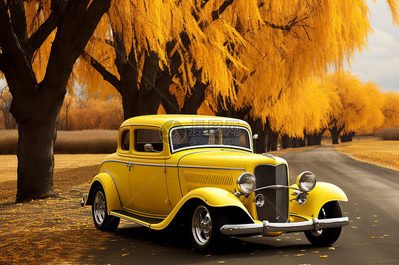 秋季湖畔的老式汽车图片
