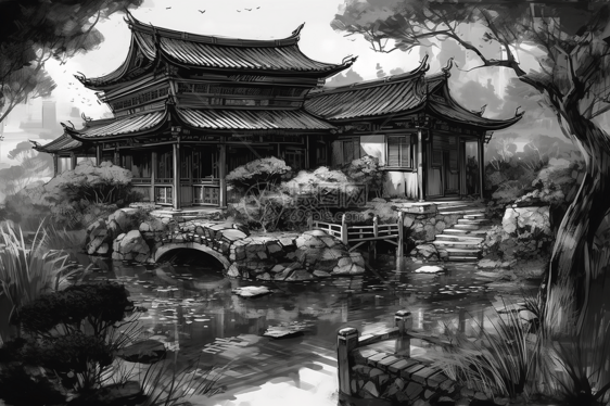 中式宫殿水墨风景图片