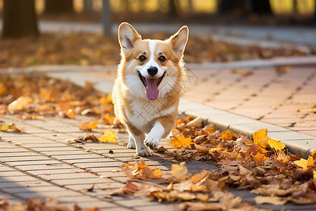 柯基犬在街道奔跑图片