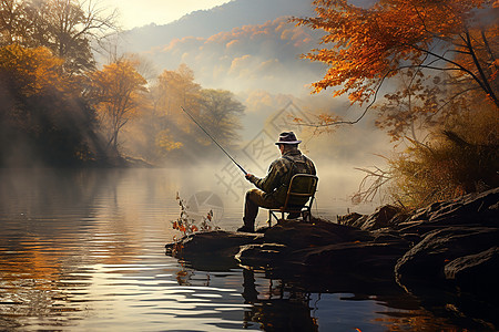 秋日湖畔钓鱼的静谧景象图片