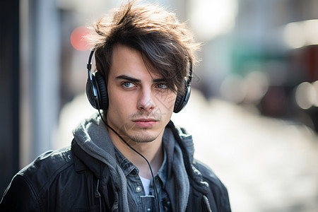 城市街头一位戴着耳机的男子图片