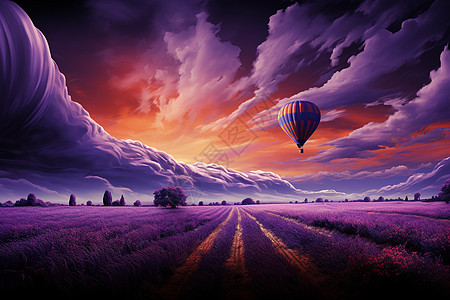 花海热气球紫色薰衣草花海设计图片