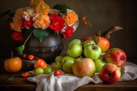 桌子上的花束和苹果图片