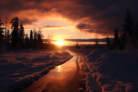 白雪覆盖的林间夕阳图片