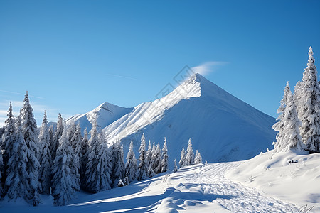 冰雪皑皑的山峰树木图片