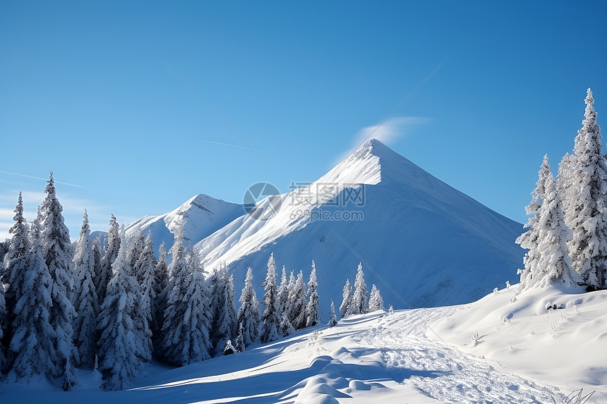 冰雪皑皑的山峰树木图片