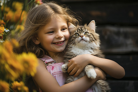 猫咪和女孩喜爱宠物猫咪的小主人背景