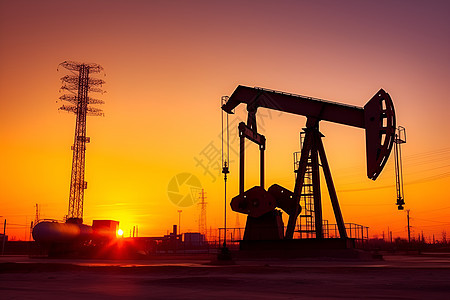 夕阳下的石油田图片