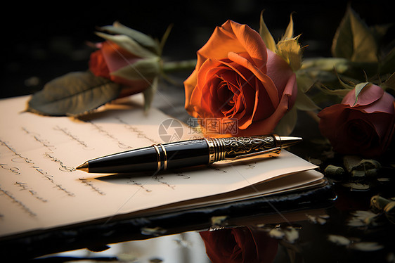 桌面上的玫瑰花和信纸图片