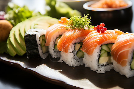 餐桌上的日式寿司图片