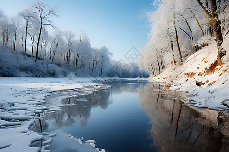 风景优美的冬季丛林湖泊景观图片