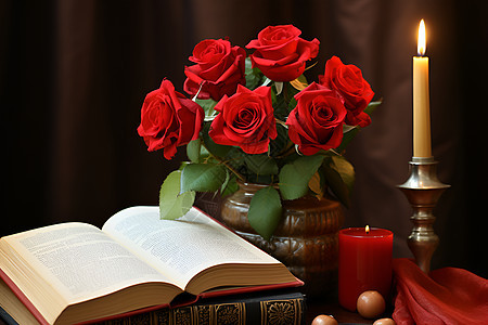 桌面上的玫瑰花和书本图片