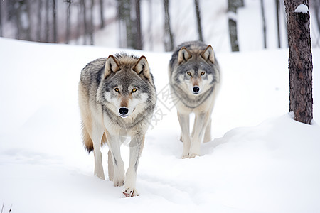 雪地里前行的两只狼背景图片
