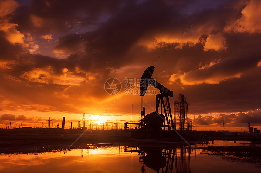 夕阳映照的石油田图片
