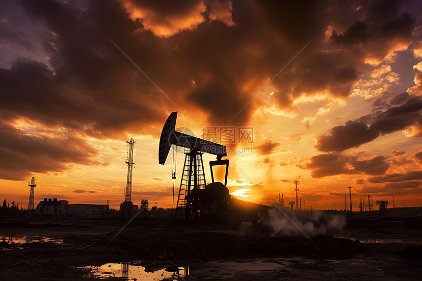余晖中的石油田图片