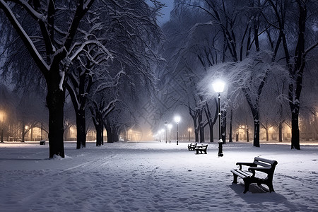 雪景夜晚城市中的雪地公园背景