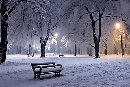 雪景夜晚冬夜中的公园长椅背景