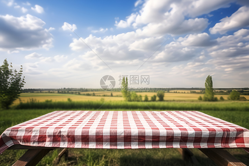 红白格子的野餐餐桌图片