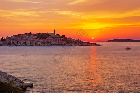 日落下的海岛城市背景图片