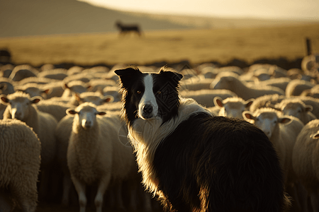 草原上绵羊们草原中的牧羊犬背景