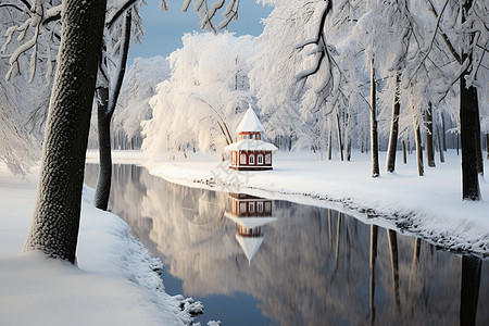 冬日雪景冬日的树与湖泊背景