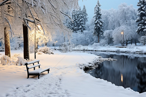 冬夜公园的雪景图片
