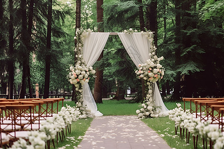 婚庆拱门森林中的婚礼背景