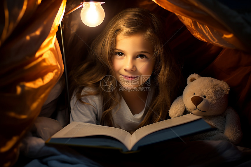 夜晚学习的小女孩图片