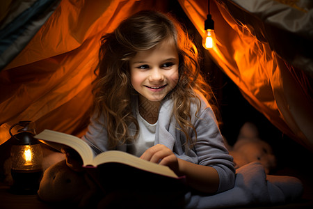 夜晚点灯阅读书本的小女孩图片