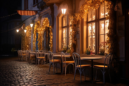 街头夜景下的欧洲街边餐厅图片
